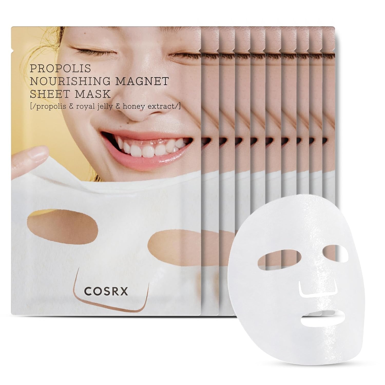 Propolis Nourishing Sheet Mask 10 EA, Soothing & Plumping Honey Serum, Leave-On Face Mask for Healthy Glow & Deep Moisture, Not Tested on Animals, No Parabens, No Sulfates, Korean Skin Care