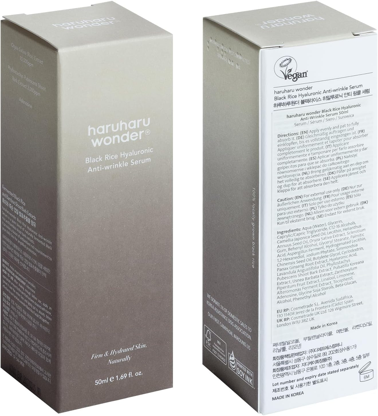 HARUHARU Wonder Black Arroz Suero Antiarrugas Hialurónico 1.6 Fl. Onzas / 50 Ml | Sérum Antiarrugas Con Ácido Hialurónico | Antienvejecimiento, Lifting Facial | Vegano, Cruelty-Free, Ewg-Green