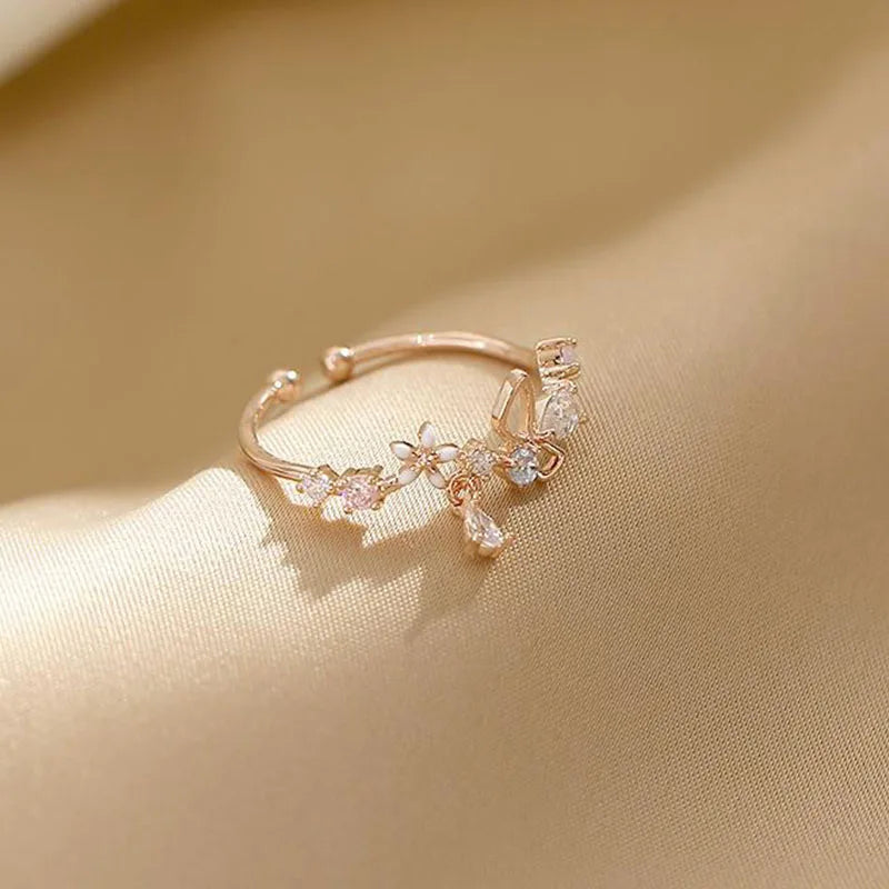 Zircon Flowers Bowkont Adjustable Ring for Women Simple Beautiful Princess Accessories Gift