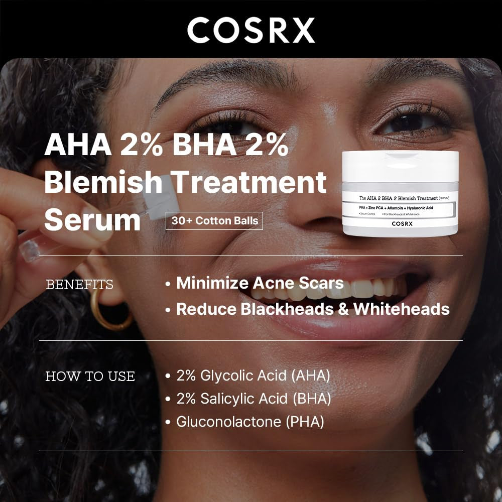AHA 2% BHA 2% Blemish Treatment Serum, 60+ Pure Cotton Balls, Quick & Easy Daily Spot Treatment, Blackheads & Whiteheads, Sebum Control, Paraben Free, Phthalates Free, Korean Skin Care