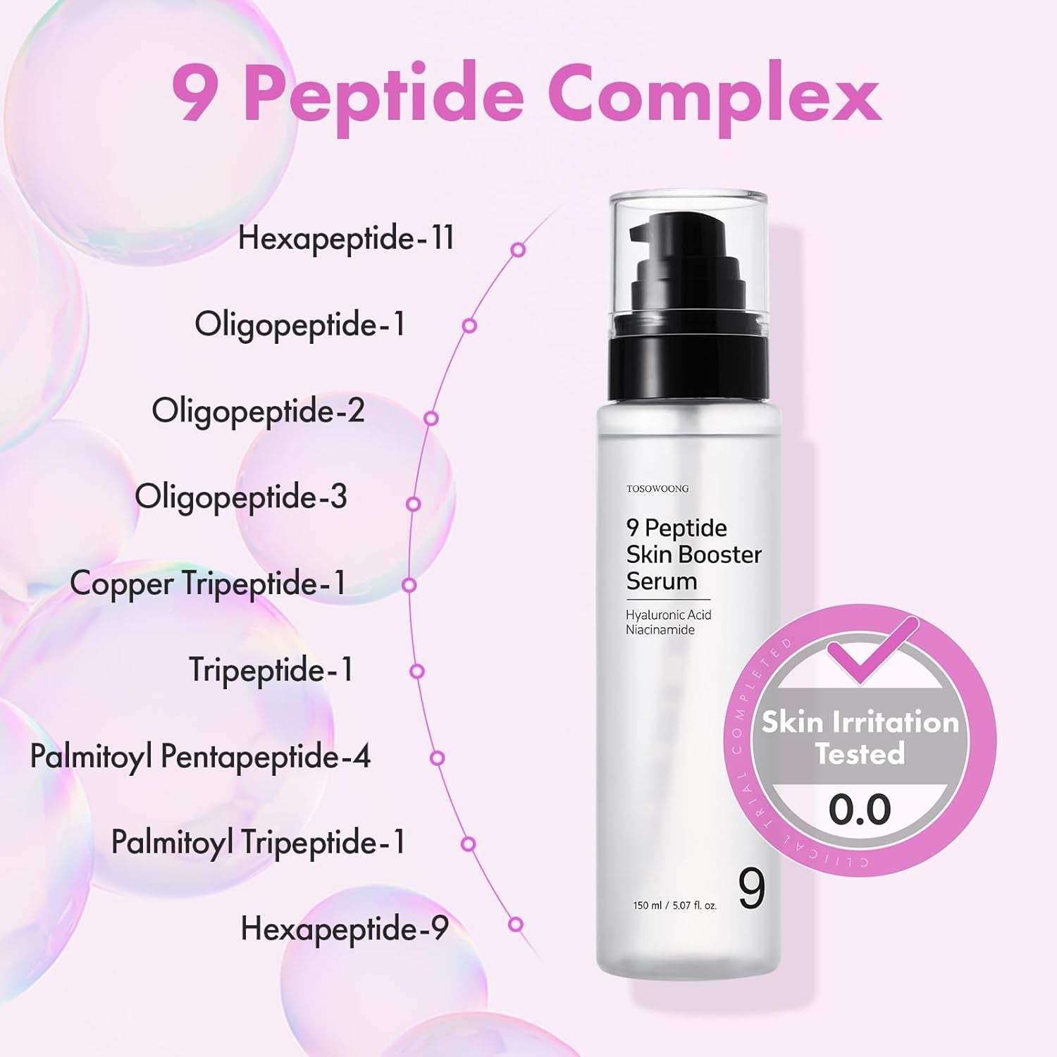 9 Peptide Skin Booster Serum, Niacinamide & Hyaluronic Acid Skin Renewal Boosting Facial Essence for All Skin Types, Korean Skin Care, Paraben Free, 150Ml, 5.07 Fl.Oz.