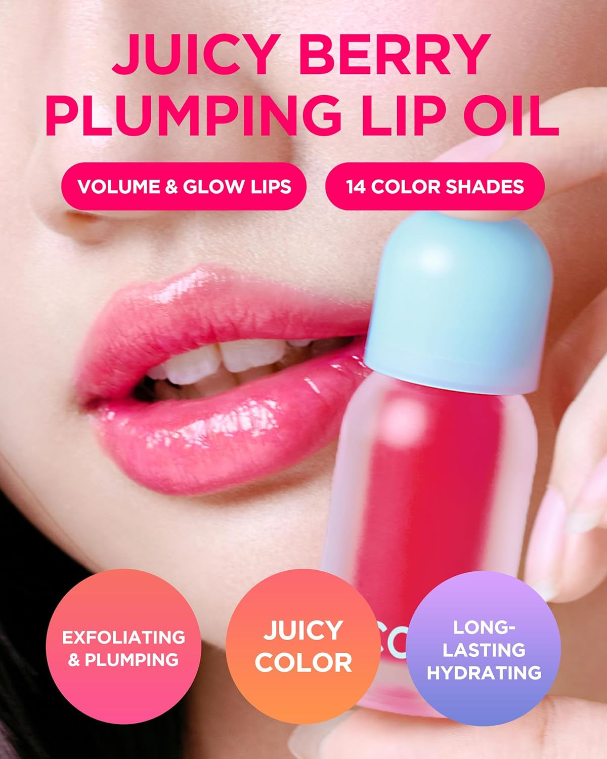 Juicy Berry Plumping Lip Oil 01 Chill Red – Korean Vegan Hydrating Lip Oil with Plant Oils for High Shine Gloss - Non Sticky Formula for All Skin Tones, 0.12 Fl.Oz.