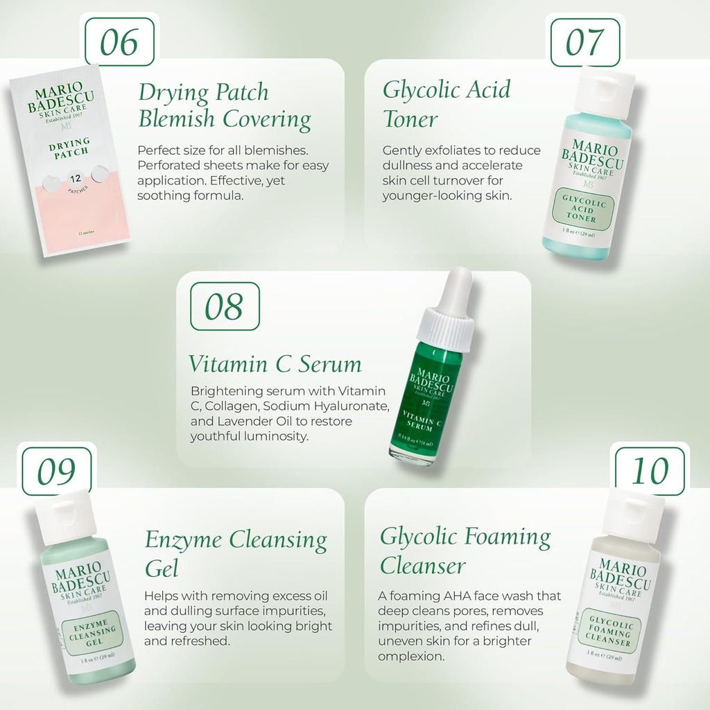 A Little Bit of Mario 10-Piece Skincare Kit – Vitamin C Serum, Glycolic Acid Toner, Hyaluronic Dew Cream, Collagen Mask, HOCI Spray & Cleanser – Brightening, Anti-Aging & Hydration – Travel & Gift Set