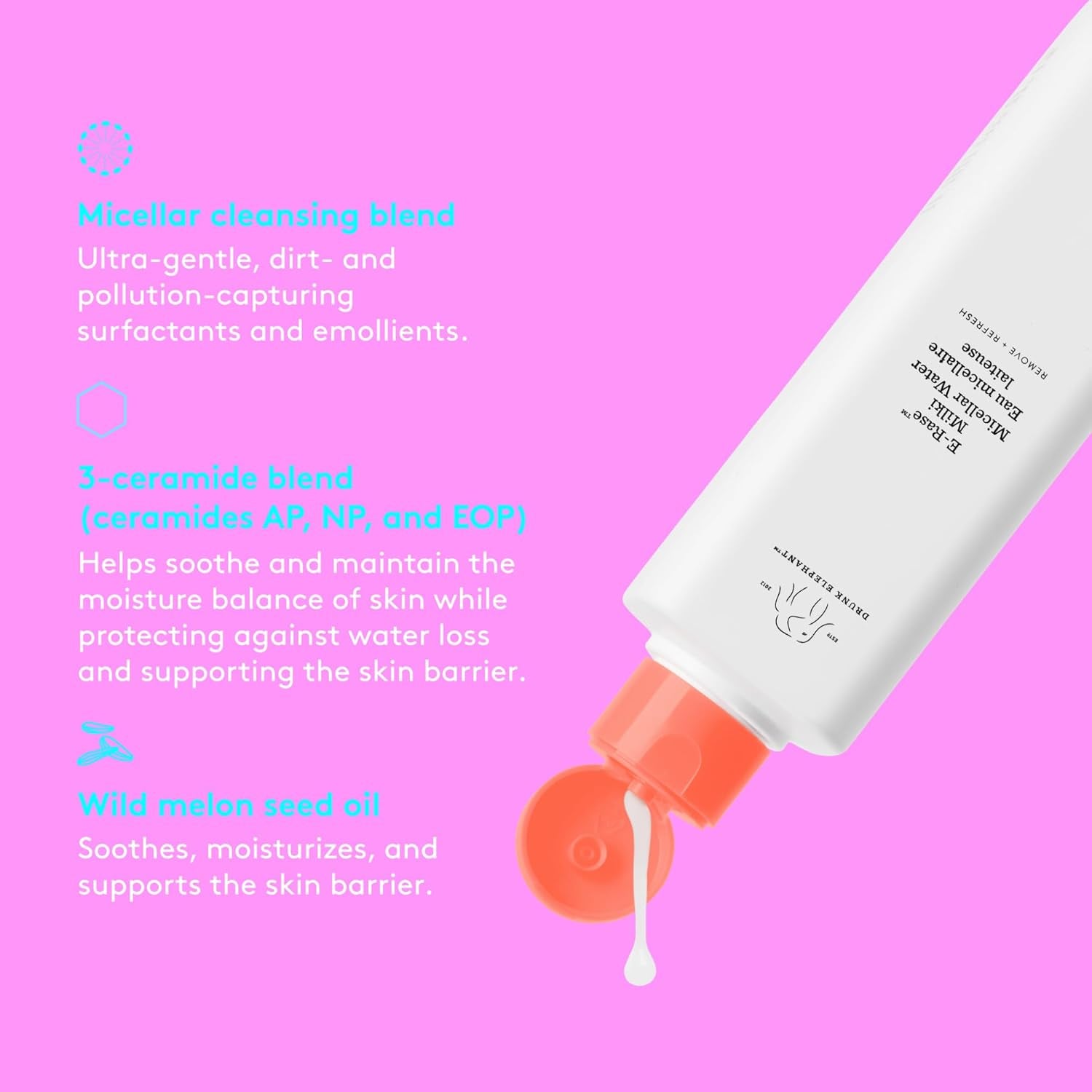 Drunk Elephant E-Rase Milki Micellar Water - 240 Ml/8 Fl Oz - Mild -Rinse Formula - Clean Clinical Skincare - Cruelty-Free - Dermatologist-Tested - Free of Essential Oils, Silicones, and Fragrance