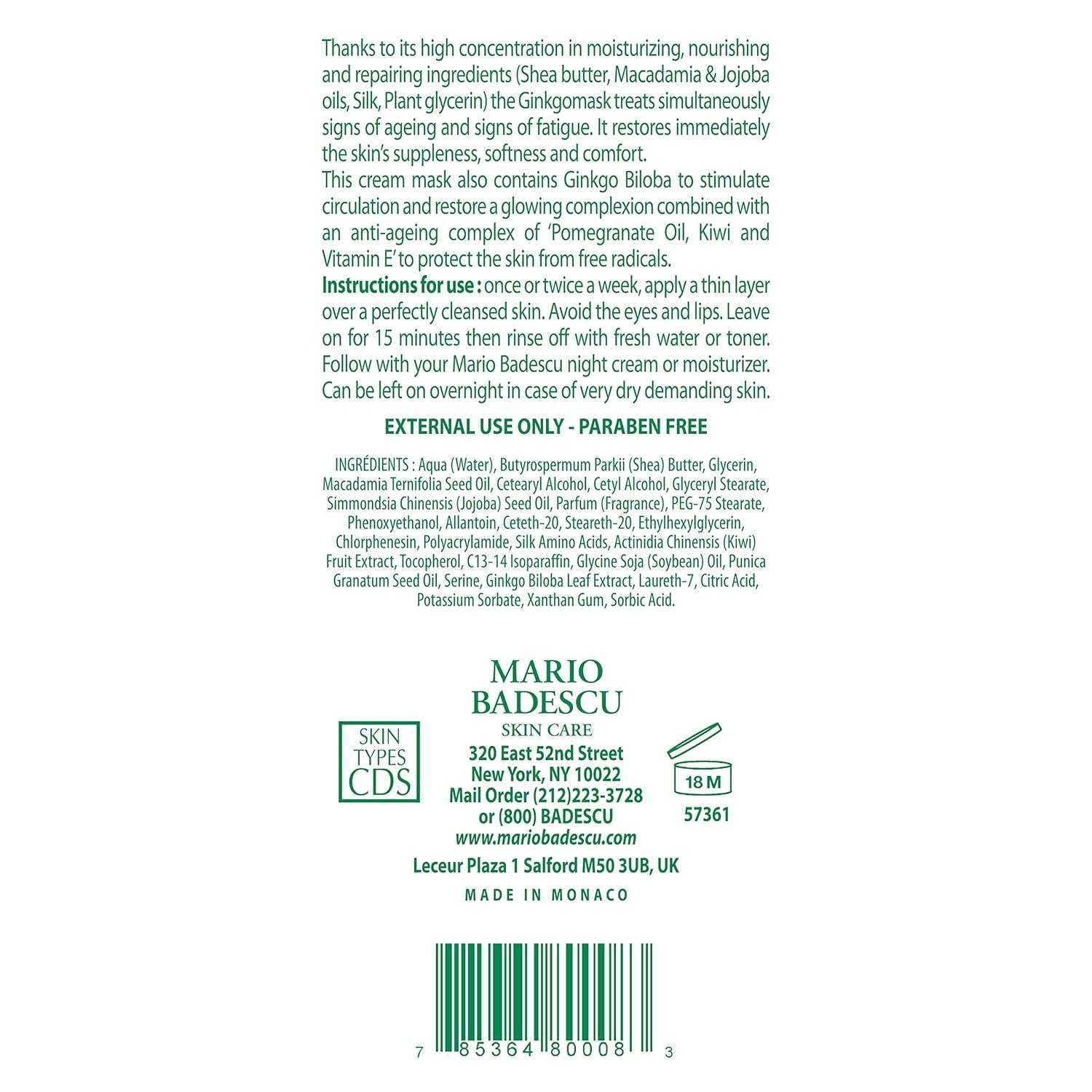Mario Badescu Ginkgo Mask, Hydrating Skin Care Face Mask for Men and Women with Shea Butter and Vitamin E, Nourishing Facial Mask for Softer, Smoother, Radiant Complexion, 2.5 Oz