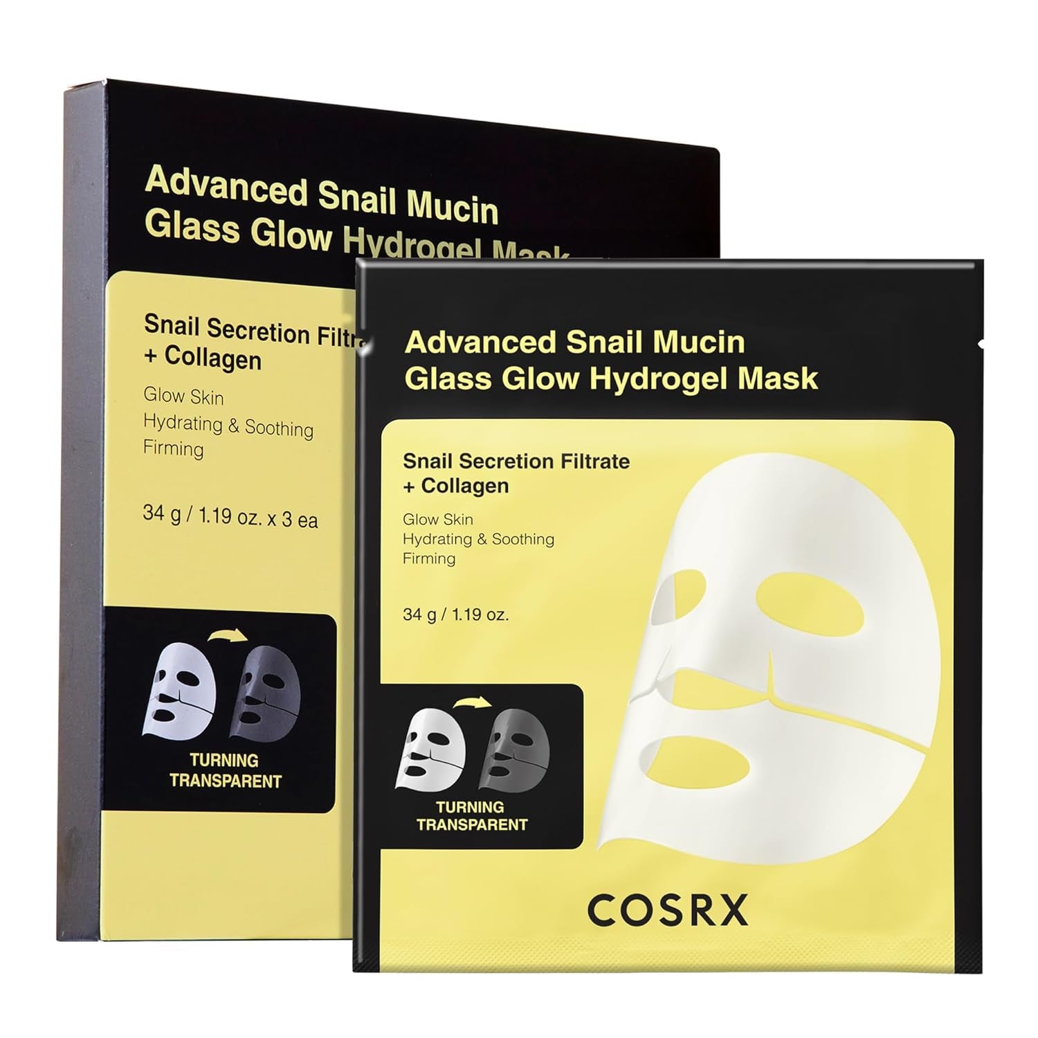Advanced Snail Mucin Glass Glow Hydrogel Face Masks Skincare 3 EA, Collagen Face Mask, Travel Essentials, Overnight Face Mask, Korean Skin Care