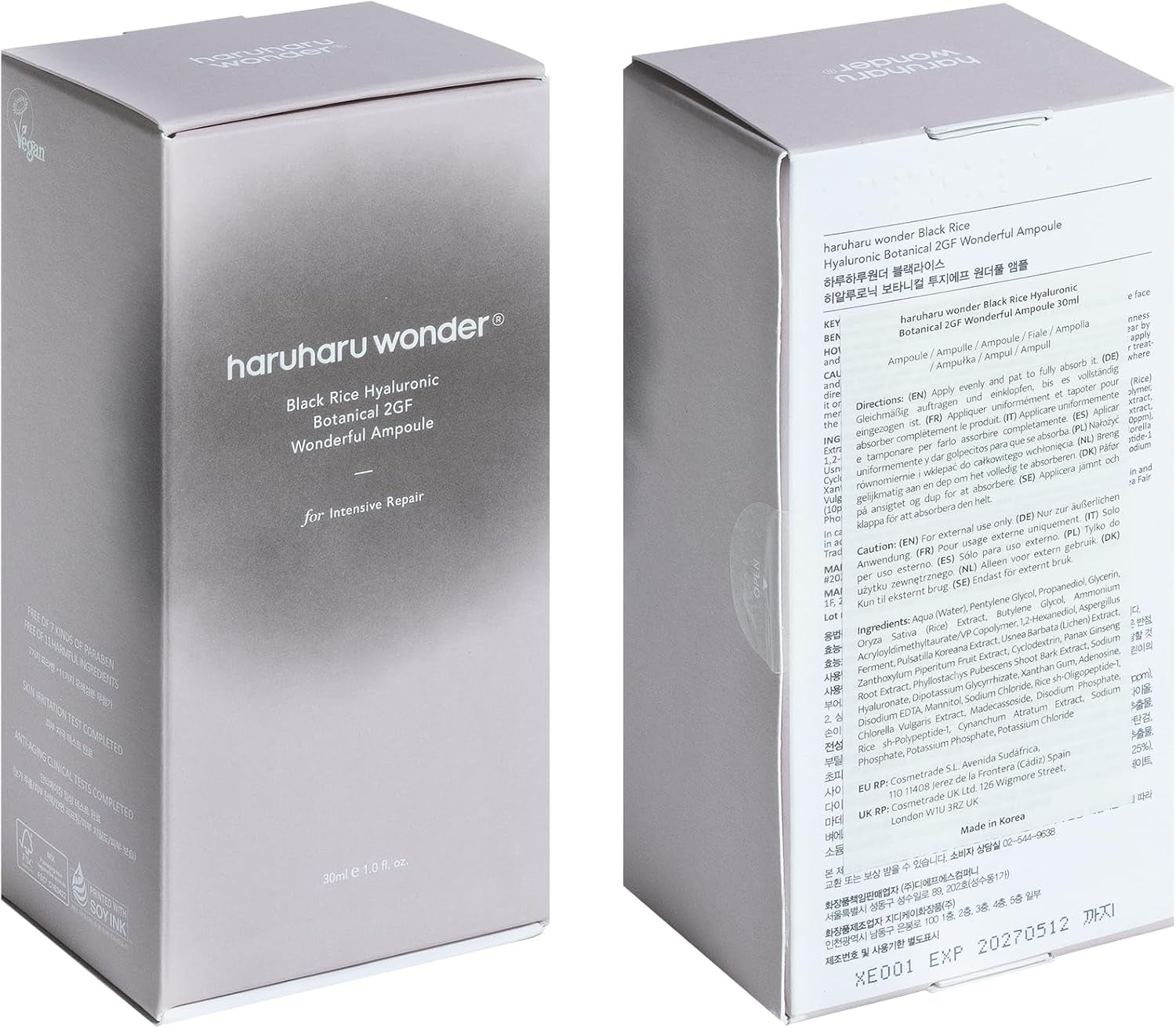HARUHARU Wonder Black Rice Ampulla Botánica Hidalurónica 2GF 1 Fl.Oz / 30Ml | Ampolla Facial, Suero Facial | Antienvejecimiento, Cuidado De Las Arrugas | Vegana, Cruelty-Free, Ewg-Green