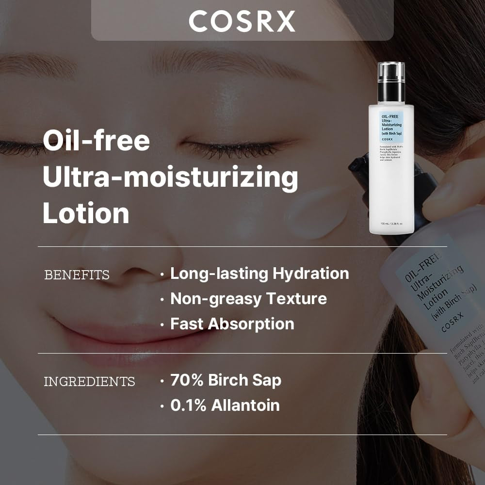 Oil Free Lotion with Birch Sap, Daily Acne Facial Moisturizer, Hydrating Moisturizer for All Skin Types, Korean Skin Care, Paraben Free, 3.38 Fl.Oz / 100Ml