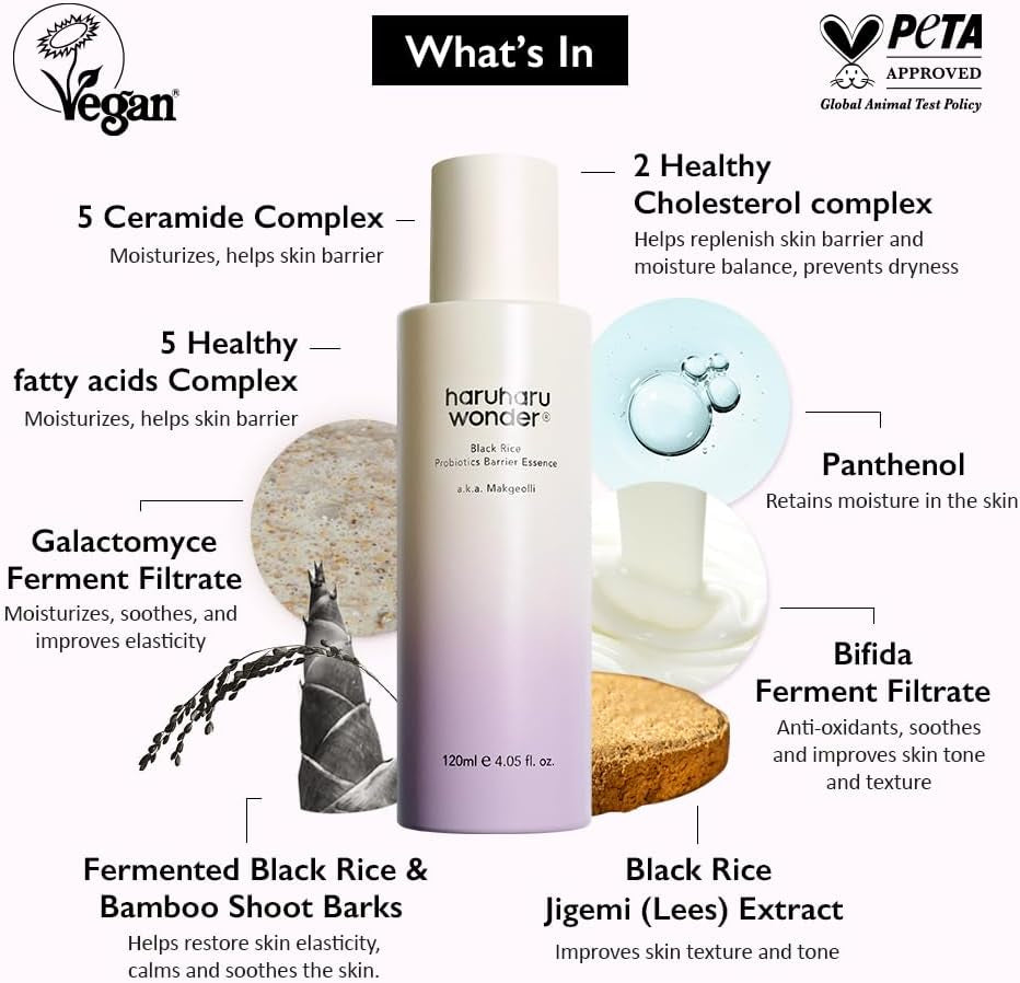 Wonder Black Rice Probiotics Barrier Essence 1.01 Fl. Oz., Travel Size Essence Toner to Strengthen Skin Barrier with Ceramides, Fermented Ingredients, Soothing, Moisturizing, Plumping