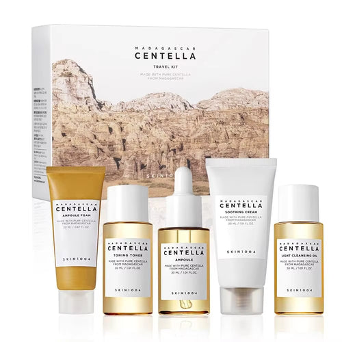 SKIN1004 Madagascar Centella Travel Kit, Toner, Ampoule, Soothing Cream, Cleansing Oil, Ampoule Foam, Basic Skincare Mini 5Pcs