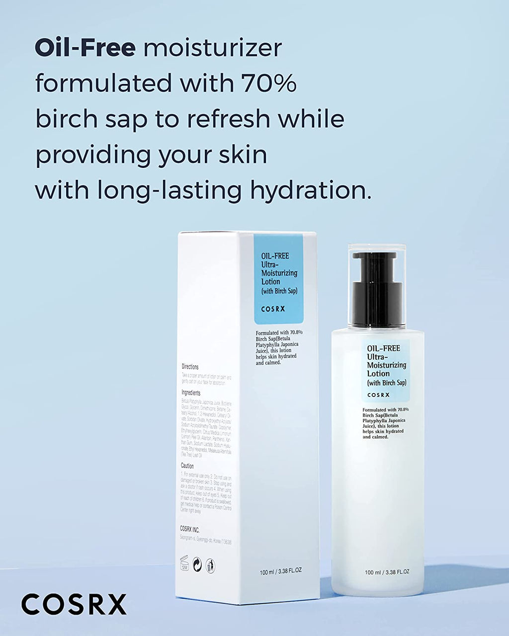 Oil Free Lotion with Birch Sap, Daily Acne Facial Moisturizer, Hydrating Moisturizer for All Skin Types, Korean Skin Care, Paraben Free, 3.38 Fl.Oz / 100Ml