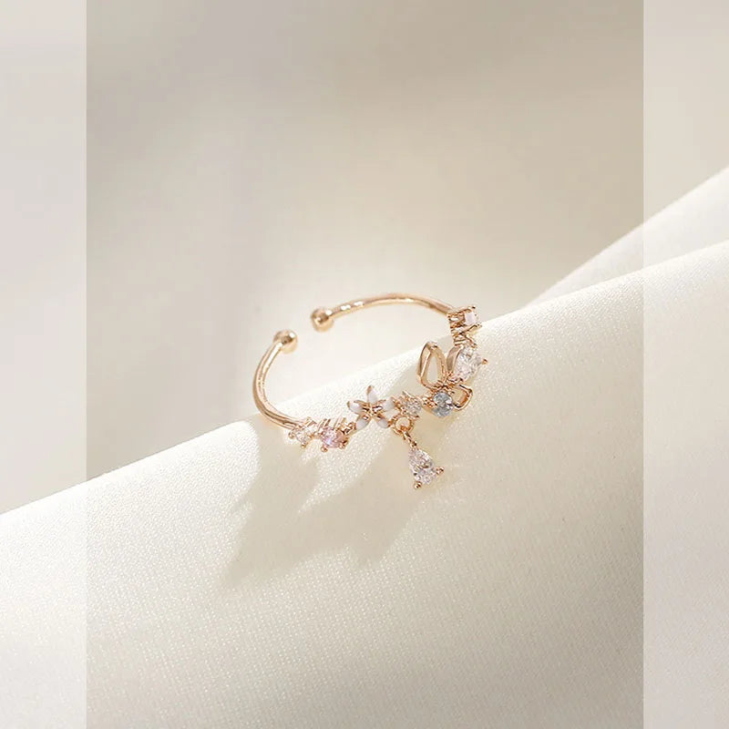 Zircon Flowers Bowkont Adjustable Ring for Women Simple Beautiful Princess Accessories Gift