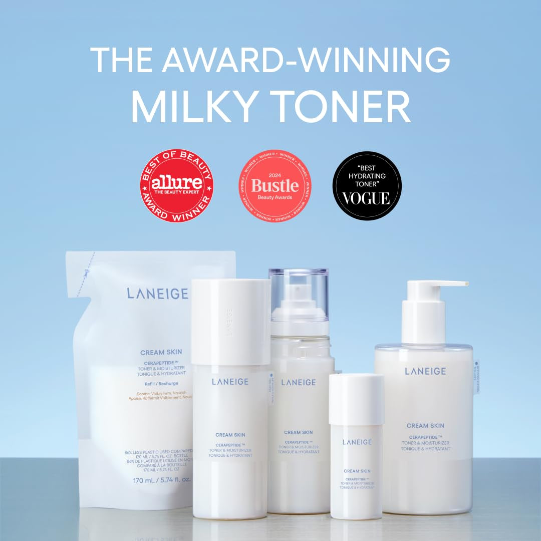 LANEIGE Cream Skin Toner & Moisturizer: Lightweight Refillable Korean Milky Toner with Ceramide & Peptide for Hydration, Firming, & Barrier Support