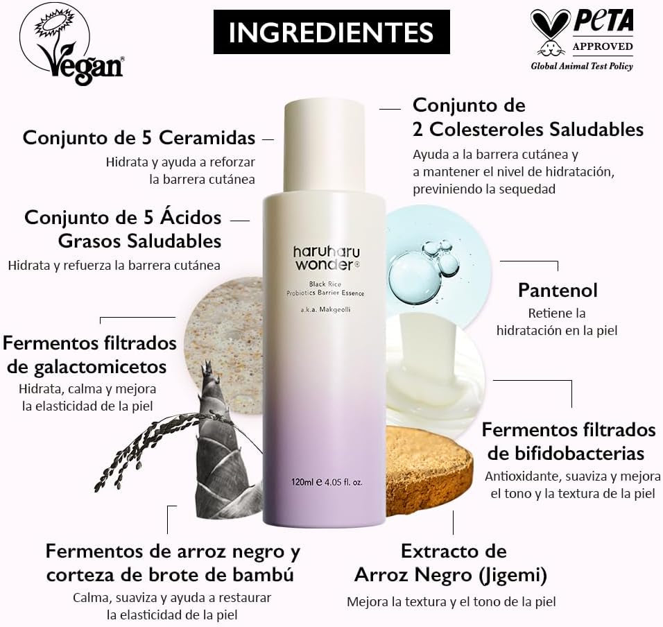 Haruharu Wonder Black Rice Probiotics Barrier Essence 120Ml, Esencia Tónica Coreana, Refuerza La Barrera Cutánea Con Ceramidas, Hidratante, Reafirmante, Cosmética Coreana