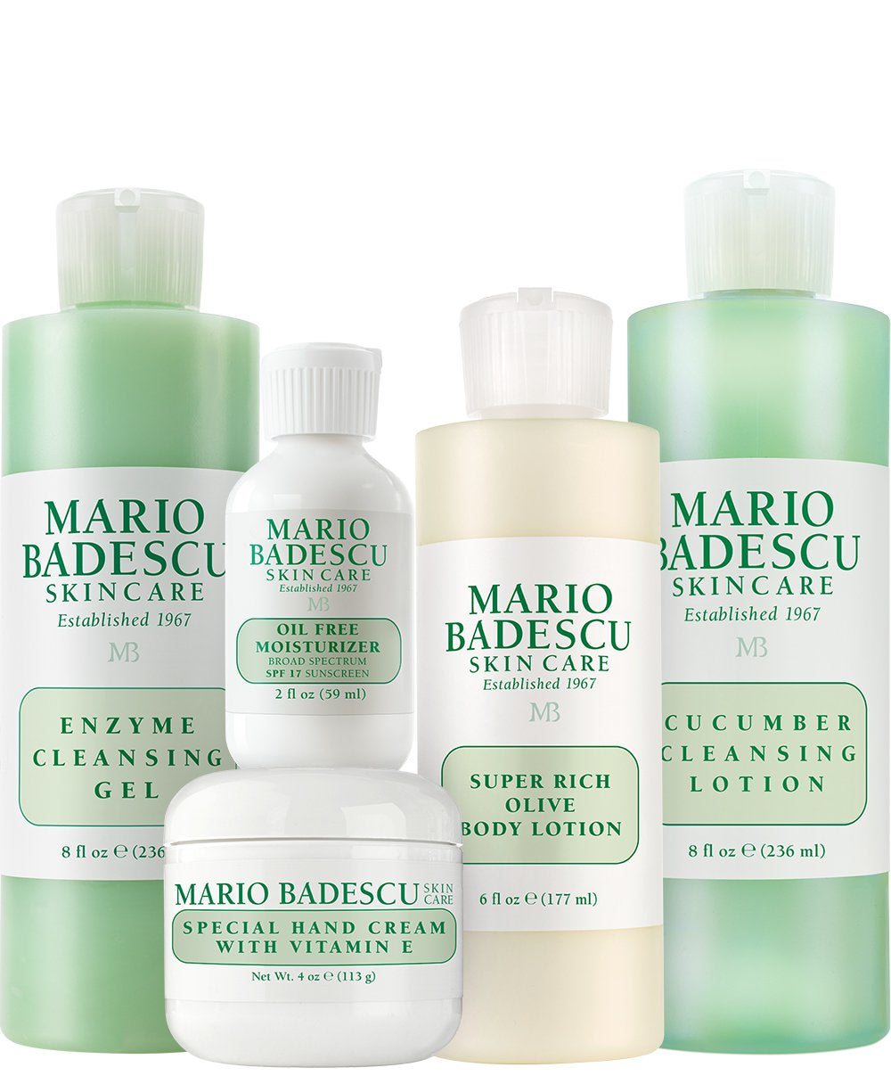 MB Favorites Collection, Skin Care Gift Set Includes SPF 17 Moisturizer, Enzyme Cleansing Gel, Cucumber Cleansing Lotion, Hand Cream, Body Lotion, Cosmetic Bag & Compact Mirror