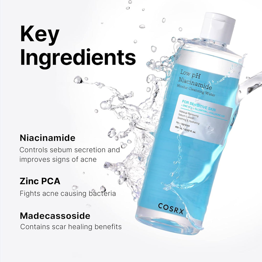 Low Ph Niacinamide Micellar Cleansing Water Daily Mild Facial Cleansing Wash for Sensitive Skin, Sebum Control, Korean Skin Care (13.52Fl.Oz/400Ml)