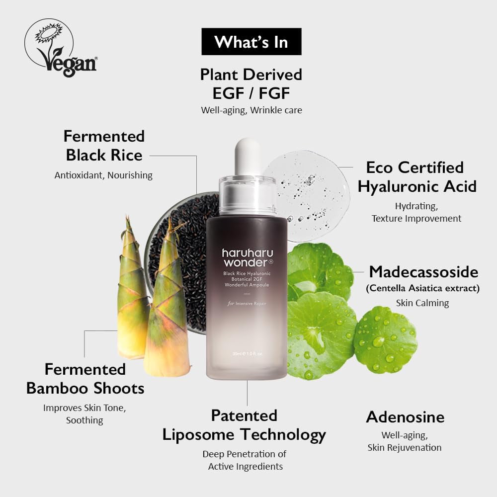 HARUHARU Wonder Black Rice Ampulla Botánica Hidalurónica 2GF 1 Fl.Oz / 30Ml | Ampolla Facial, Suero Facial | Antienvejecimiento, Cuidado De Las Arrugas | Vegana, Cruelty-Free, Ewg-Green