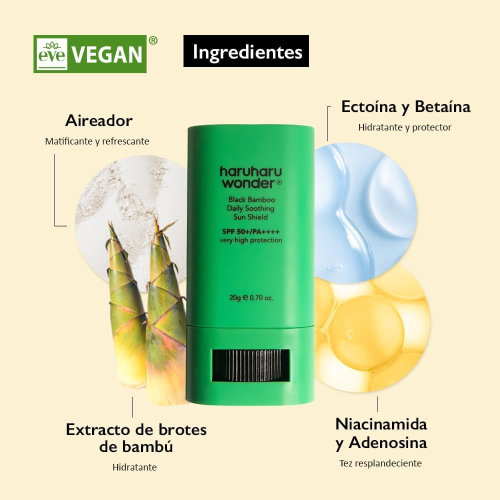 Haruharu Wonder Black Bamboo Daily Soothing Sun Shield - Protector Facial 50+SPF Uso Diario En Stick, Acabado Mate Y Refrescante, Todo Tipo De Pieles