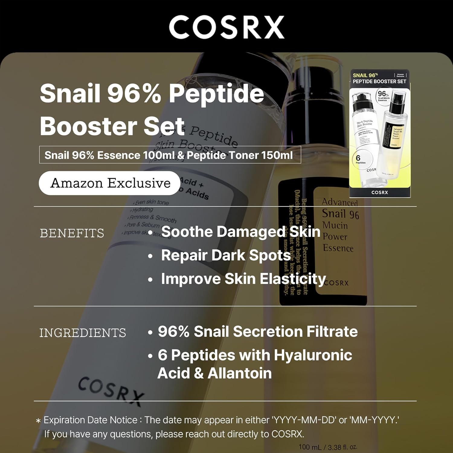 Snail Mucin 96% Peptide Booster Set - Amazon Exclusive - Korean Skin Care, Gift Sets, Skin Care Sets for Women, Advanced Snail Mucin Serum, Face Serum