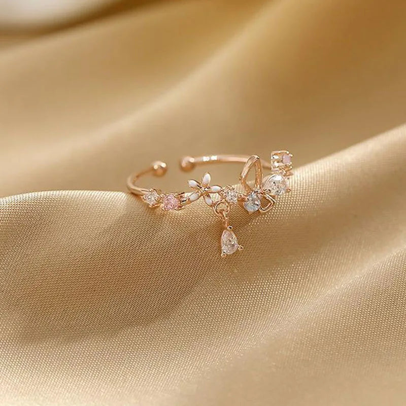 Zircon Flowers Bowkont Adjustable Ring for Women Simple Beautiful Princess Accessories Gift