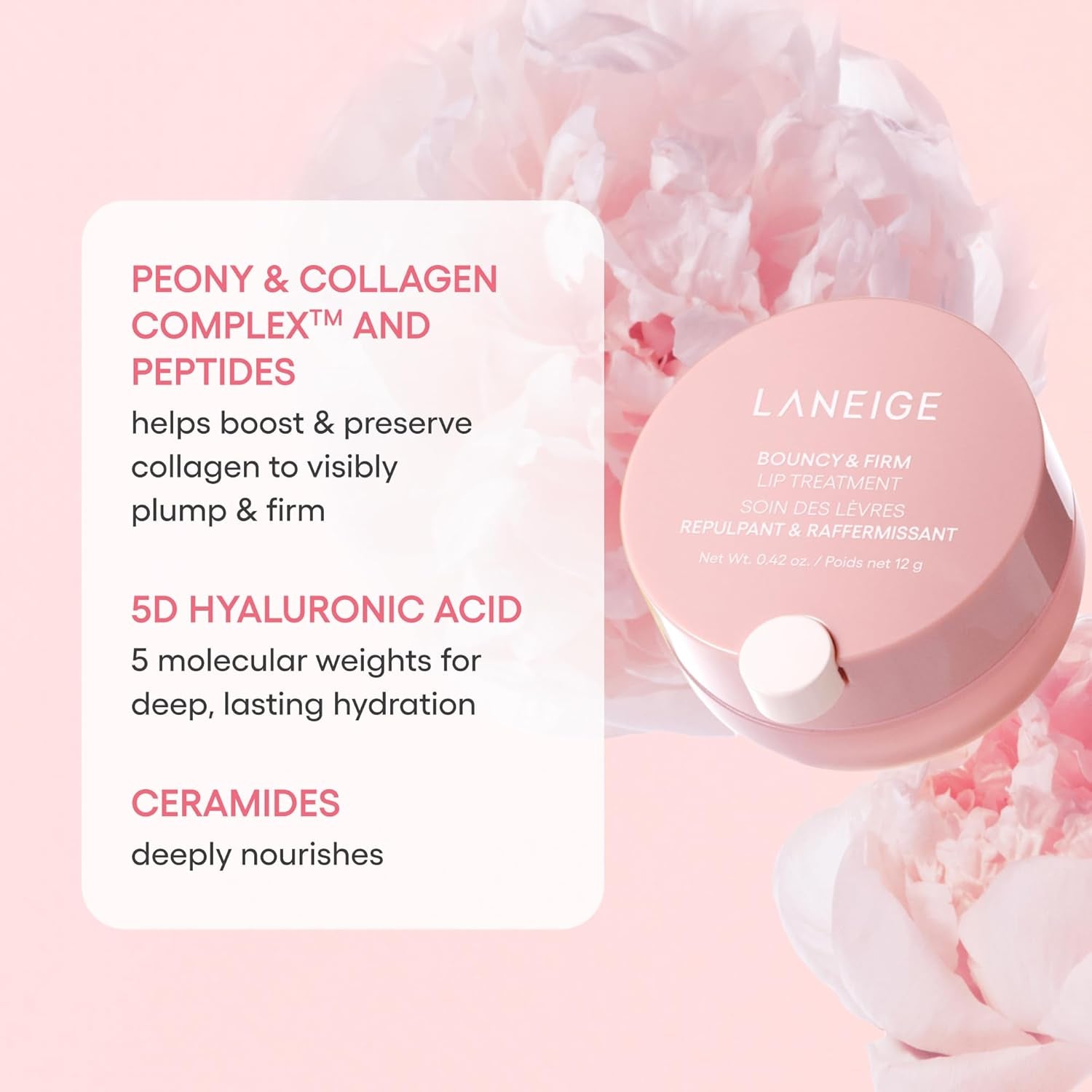 Bouncy & Firm Lip Treatment: Plumping & Firming Lip Care with Peony & Collagen Complex, Ceramide Capsules, & 5D Hyaluronic Acid for Hydration