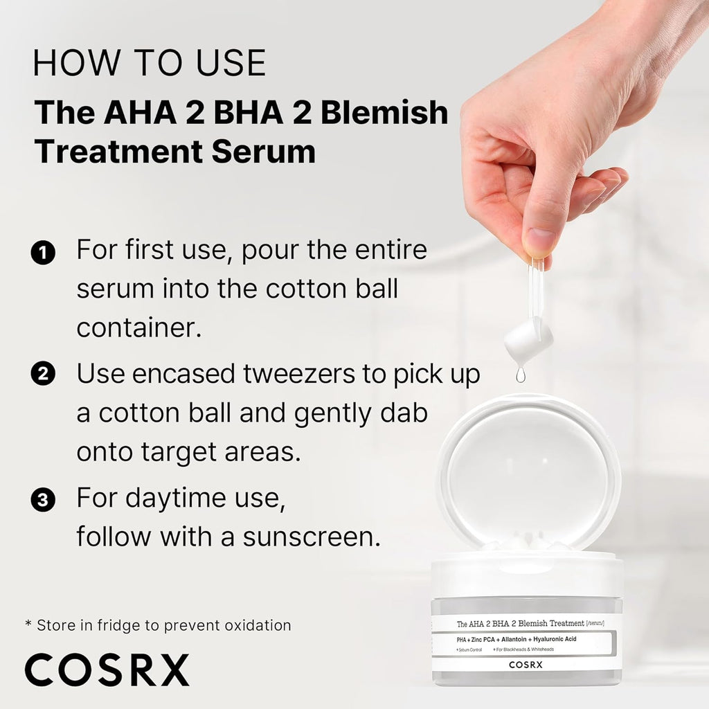 AHA 2% BHA 2% Blemish Treatment Serum, 60+ Pure Cotton Balls, Quick & Easy Daily Spot Treatment, Blackheads & Whiteheads, Sebum Control, Paraben Free, Phthalates Free, Korean Skin Care