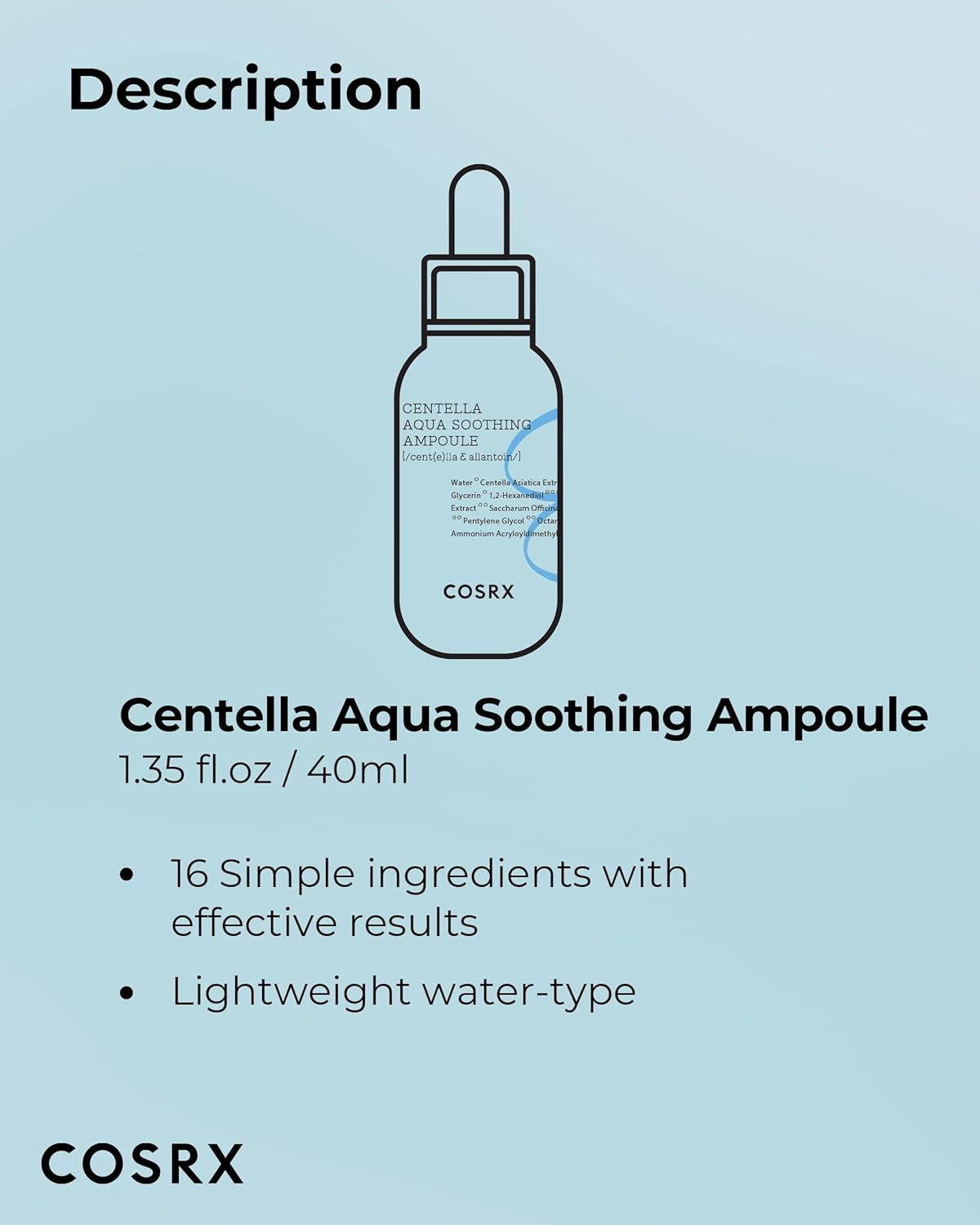 Centella Aqua Soothing Ampoule, Centella Asiatica Cica Serum, Korean Skin Care, 1.35 Fl Oz, for Sensitive Skin, Daily Skin Serum, Paraben Free, No Animal Testing