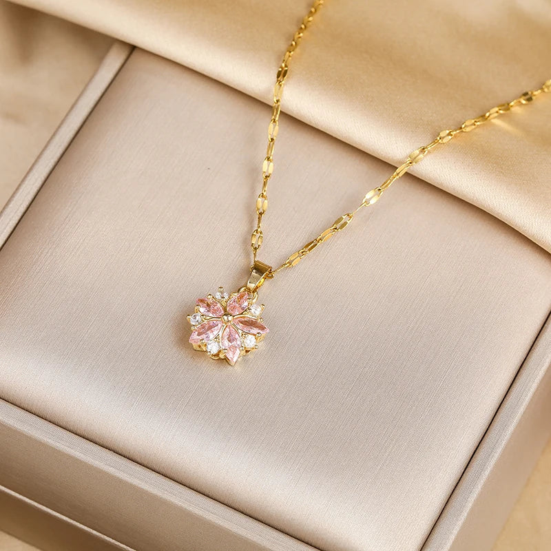 New Cute Romantic Pink Sakura Pendant Stainless Steel Necklaces for Women Korean Fashion Female Sexy Clavicle Chain Jewelry Gift