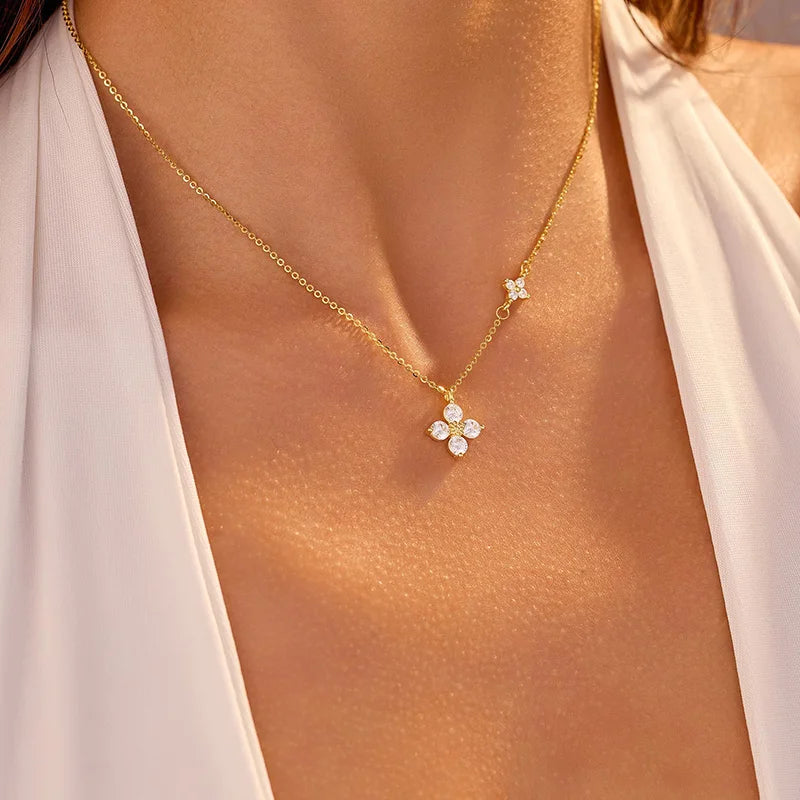 925 Sterling Silver Dainty Lucky CZ Leaf Necklace for Women 14K Gold Plated Flowers Elegant Pendant Necklace Wedding Jewelry