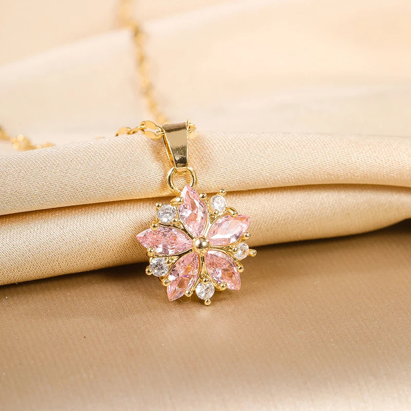 New Cute Romantic Pink Sakura Pendant Stainless Steel Necklaces for Women Korean Fashion Female Sexy Clavicle Chain Jewelry Gift