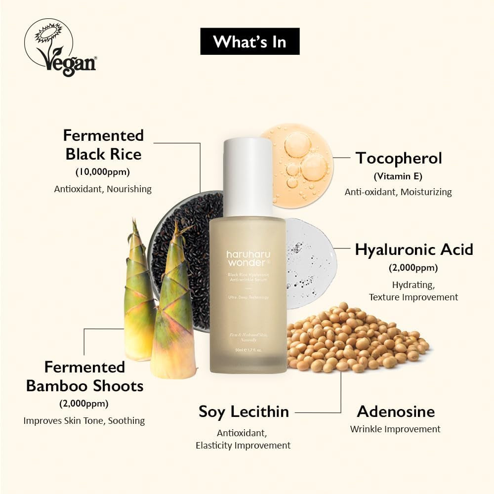 HARUHARU Wonder Black Arroz Suero Antiarrugas Hialurónico 1.6 Fl. Onzas / 50 Ml | Sérum Antiarrugas Con Ácido Hialurónico | Antienvejecimiento, Lifting Facial | Vegano, Cruelty-Free, Ewg-Green