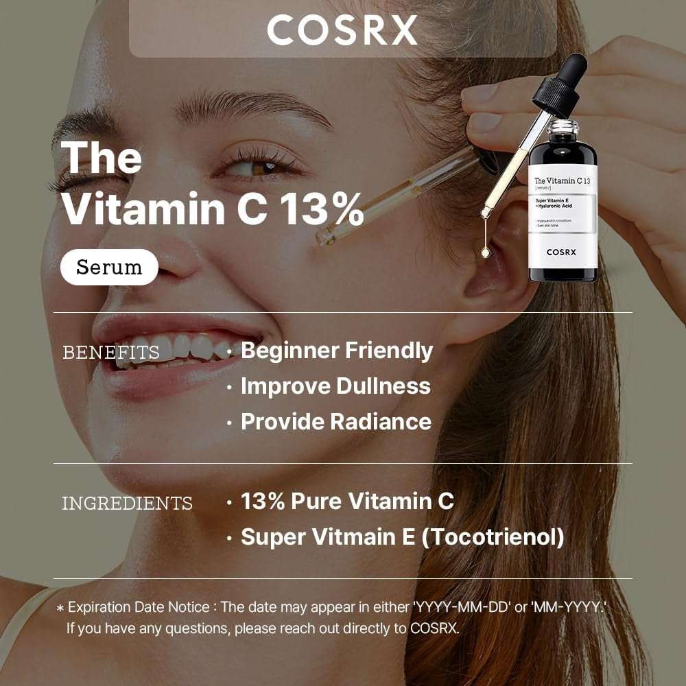 Pure Vitamin C 13% Serum with Vitamin E & Hyaluronic Acid, Hydrating Facial Serum for Fine Lines, Uneven Skin Tone & Dull Skin, 0.67Fl.Oz/20Ml, Korean Skin Care