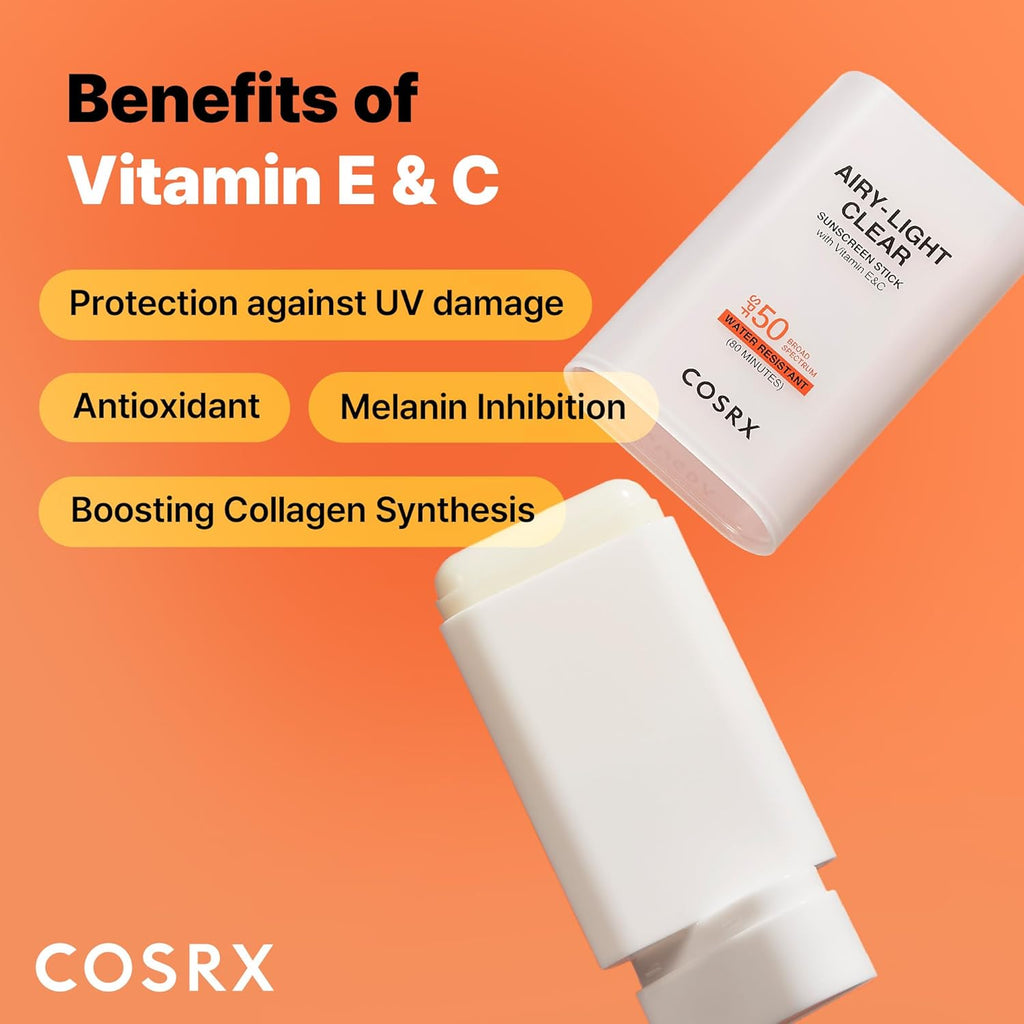 Airy-Light Clear Sunscreen Stick with Vitamin E & C SPF 50, 0.67 Oz, 19G, Lightweight, Travel Essentials, Summer Essentials, Korean Skin Care, Korean Matte Sunscreen for Face