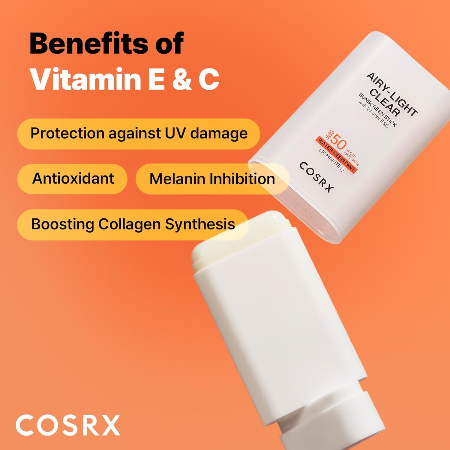 Airy-Light Clear Sunscreen Stick with Vitamin E & C SPF 50, 0.67 Oz, 19G, Lightweight, Travel Essentials, Summer Essentials, Korean Skin Care, Korean Matte Sunscreen for Face