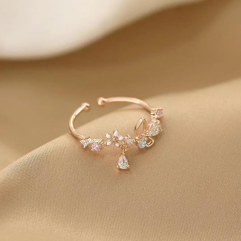 Zircon Flowers Bowkont Adjustable Ring for Women Simple Beautiful Princess Accessories Gift
