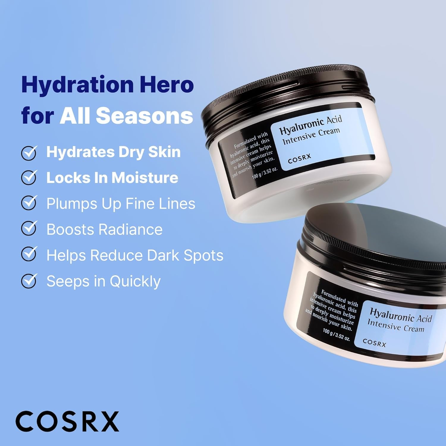 Hyaluronic Acid Moisturizing Cream, Long-Lasting Hydration, Rich Moisturizer for Sensitive Skin 3.52 Oz / 100G, Korean Skin Care, Animal Testing Free, Parabens Free
