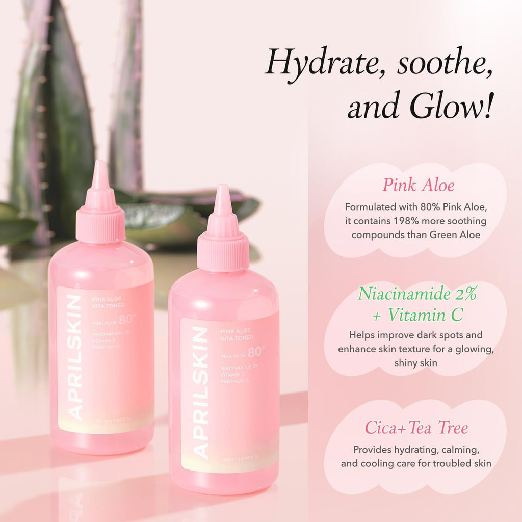 Pink Aloe Vita Toner | Calms and Soothes Redness, Smoothens, and Controls Excess Sebum | 80% Pink Aloe Vera Water | Hydrating, Non-Sticky | Clean & Vegan Korean Skin Care (8.45 Fl.Oz)