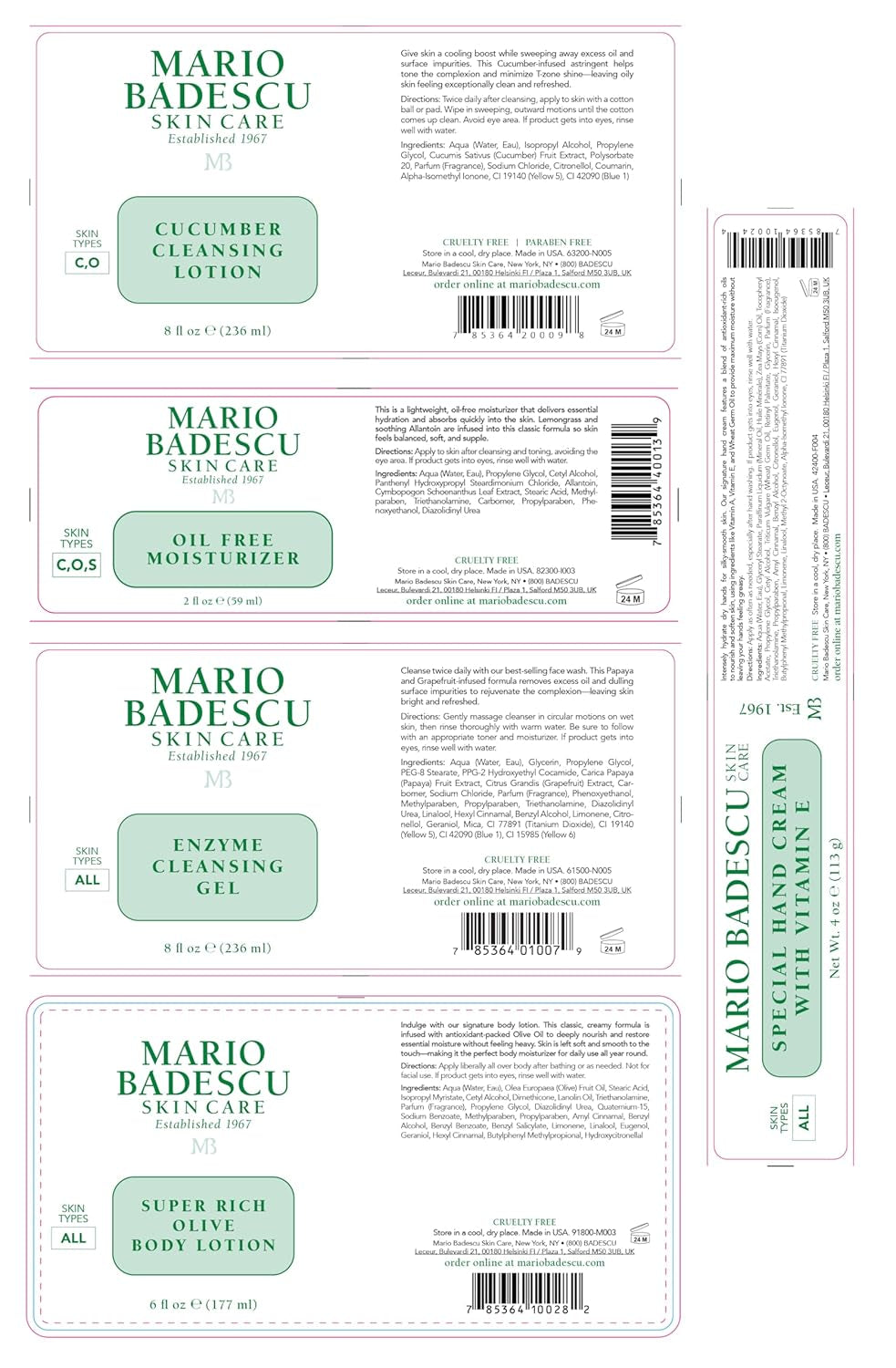 MB Favorites Collection, Skin Care Gift Set Includes SPF 17 Moisturizer, Enzyme Cleansing Gel, Cucumber Cleansing Lotion, Hand Cream, Body Lotion, Cosmetic Bag & Compact Mirror