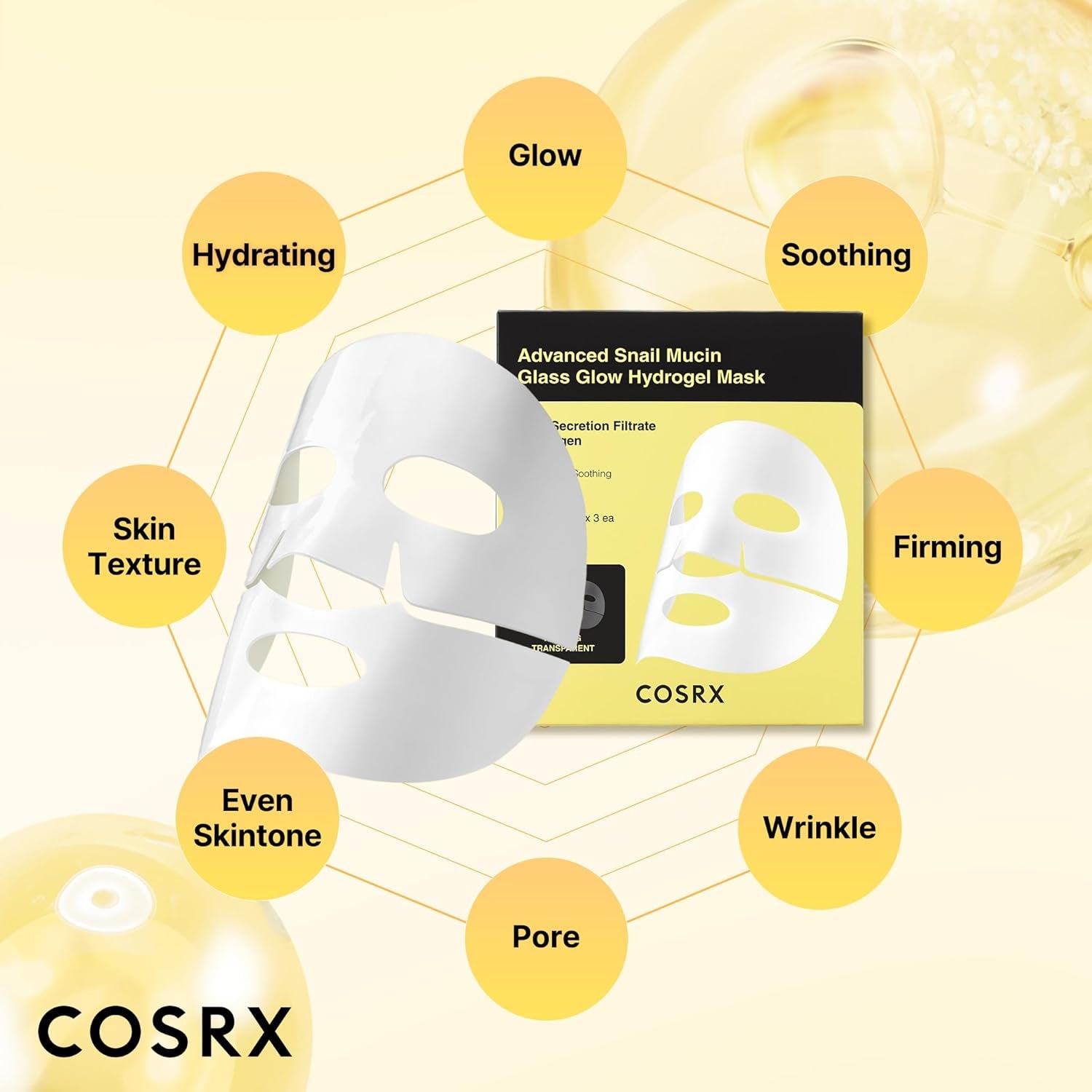 Advanced Snail Mucin Glass Glow Hydrogel Face Masks Skincare 3 EA, Collagen Face Mask, Travel Essentials, Overnight Face Mask, Korean Skin Care