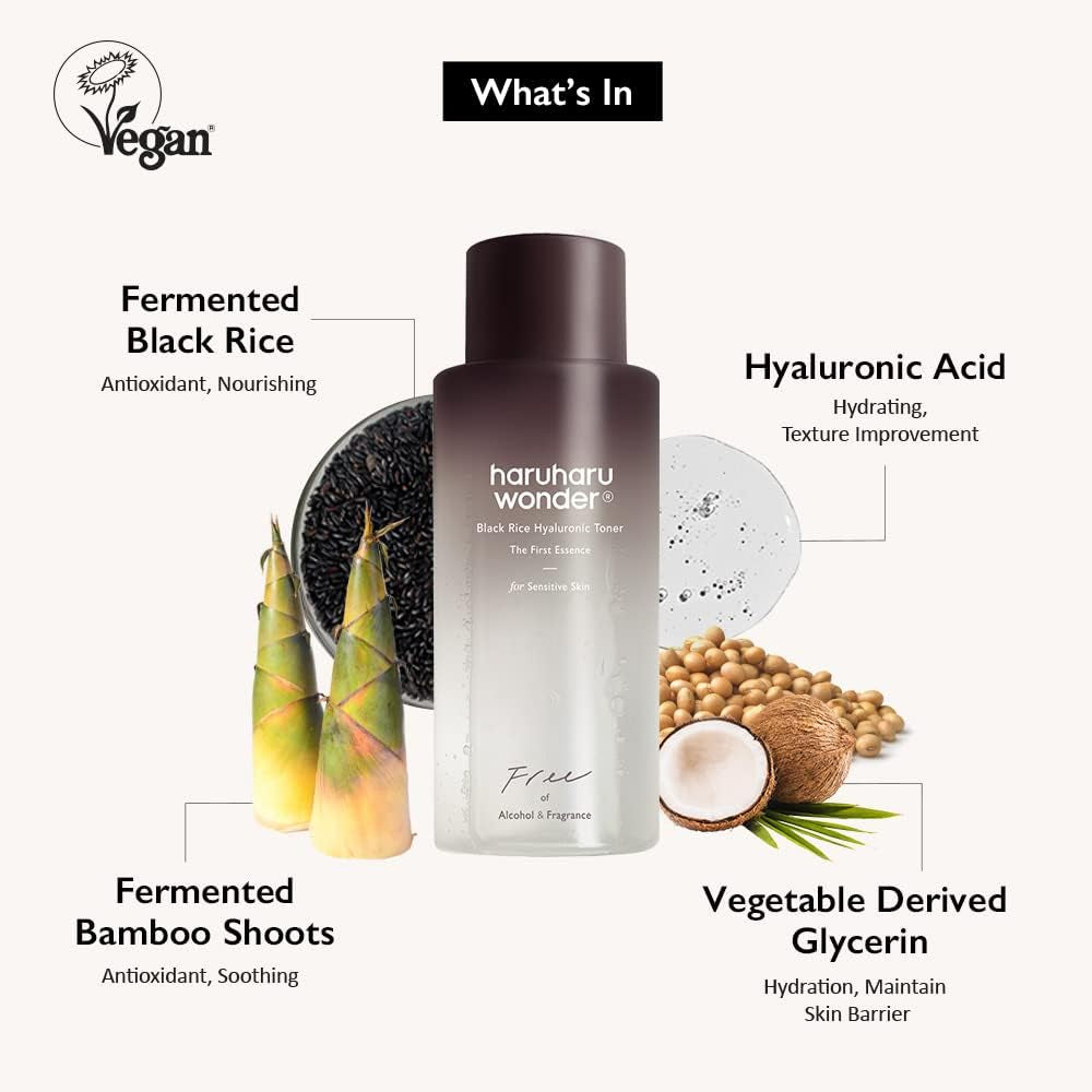 Haruharu Wonder Tónico Facial Hidratante Para Pieles Sensibles Con Ácido Hialurónico Y De Arroz Negro, Para Todas Las Pieles, Skincare Coreano, Mejora Textura De La Piel, Libre Crueltad Animal, 150Ml