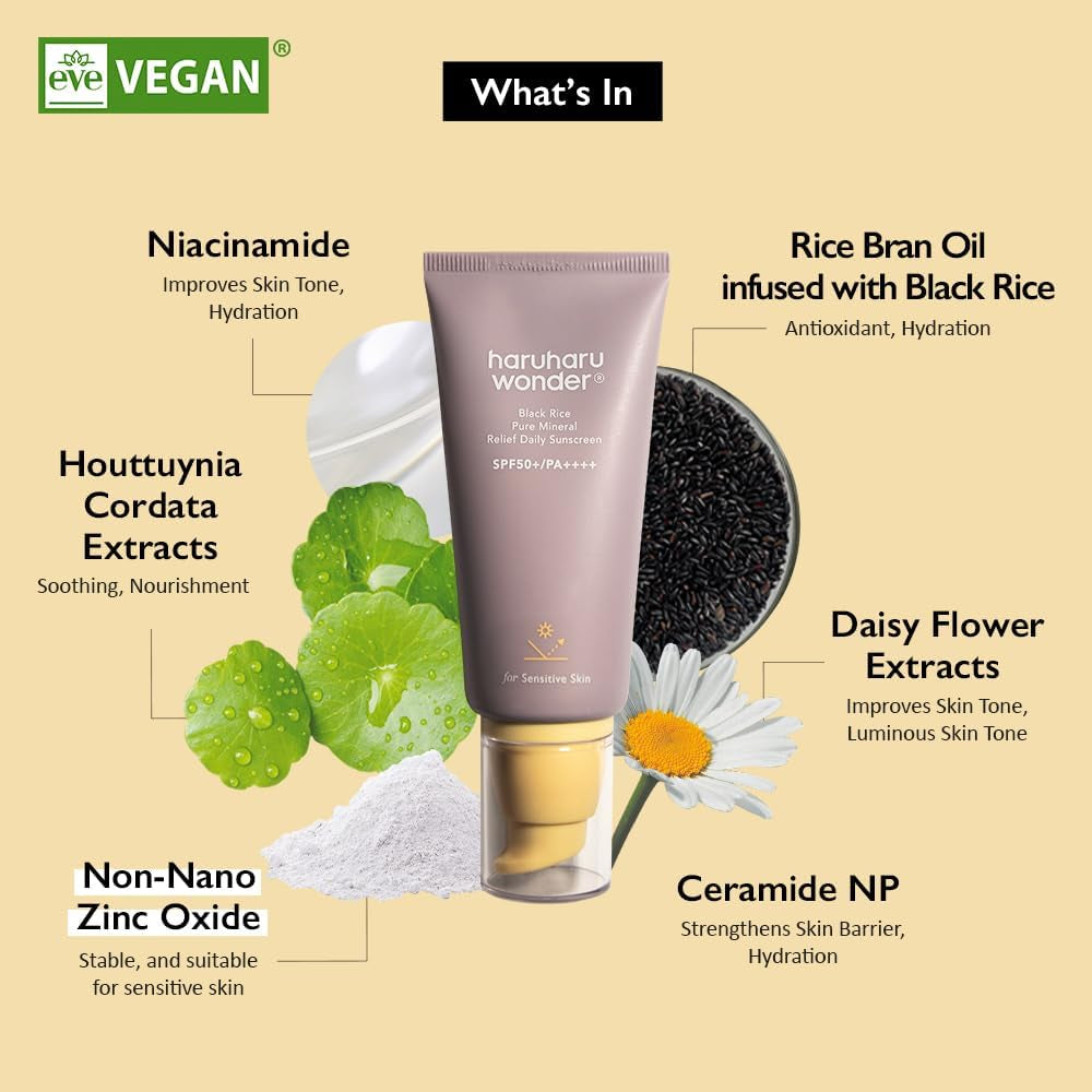 Haruharu Wonder Black Rice Pure Mineral Relief Daily Sunscreen 50 Ml (1.69Fl.Oz), Reef Safe Formula, for All Skin Including Sensitive Skin
