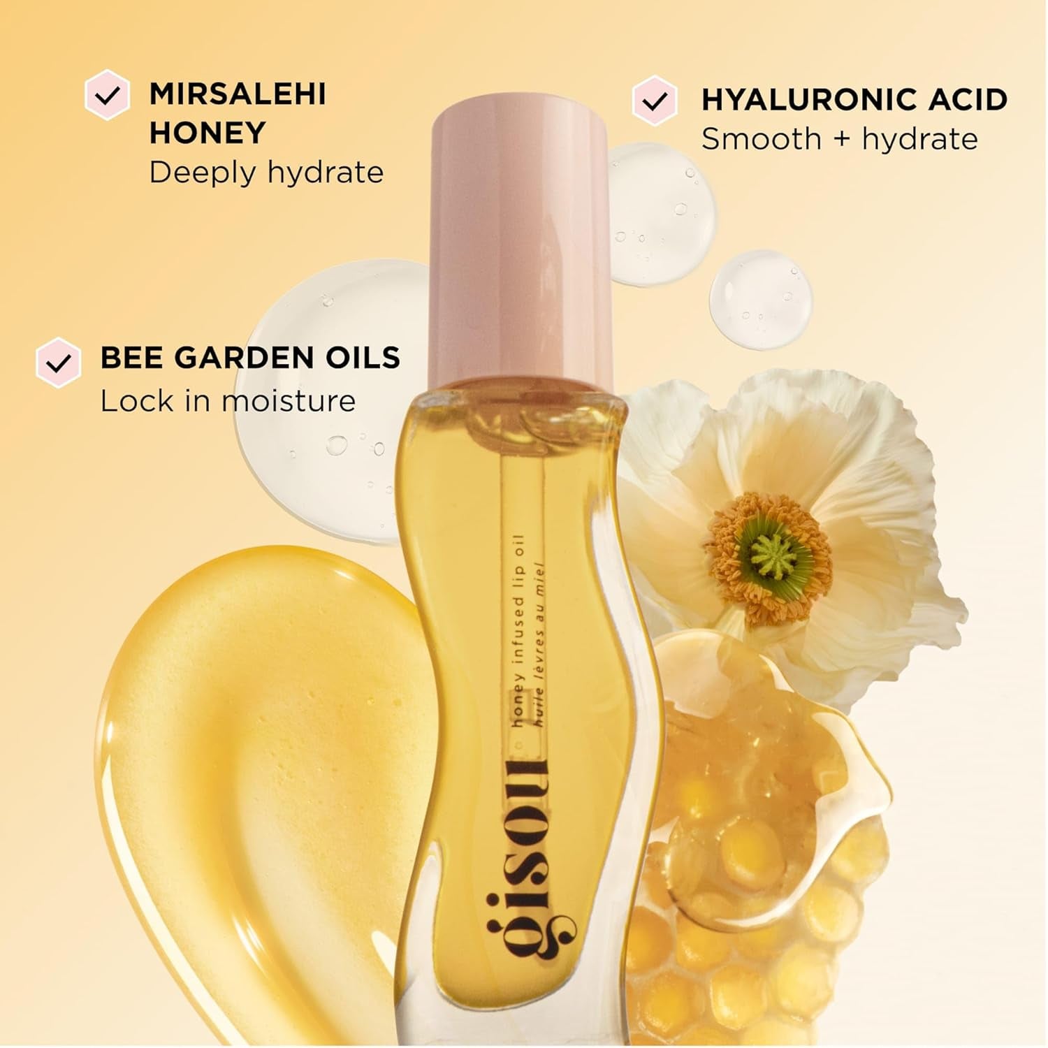 Honey Infused Hydrating Lip Oil, Nourishing Moisturizer for Dry Lips, High Shine, Smooth Finish, Clear Golden Glow, Fresh Honey Scent, 8Ml