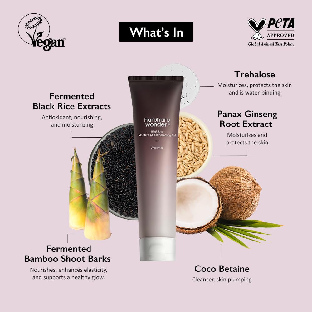 Black Rice Moisture 5.5 Soft Cleansing Gel – Gentle Face Wash for Dry to Normal Skin, Low 5.5Ph, Soap Free, Hydrating, Fragrance Free, Daily Use, Korean Skincare, 100Ml