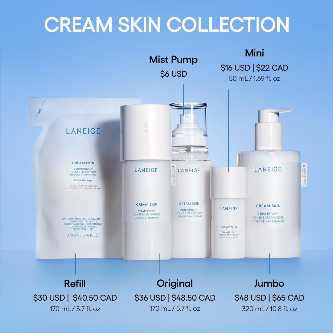 LANEIGE Cream Skin Toner & Moisturizer: Lightweight Refillable Korean Milky Toner with Ceramide & Peptide for Hydration, Firming, & Barrier Support