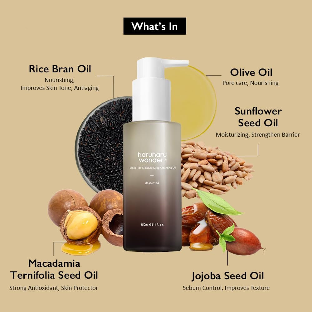 HARUHARU Wonder Black Humedad Del Arroz Aceite De Limpieza Profunda 5.1 Fl.Oz / 150Ml | Aceite Limpiador Facial Coreano, Desmaquillante | Aceite De Semilla De Jojoba | Vegano, Cruelty-Free