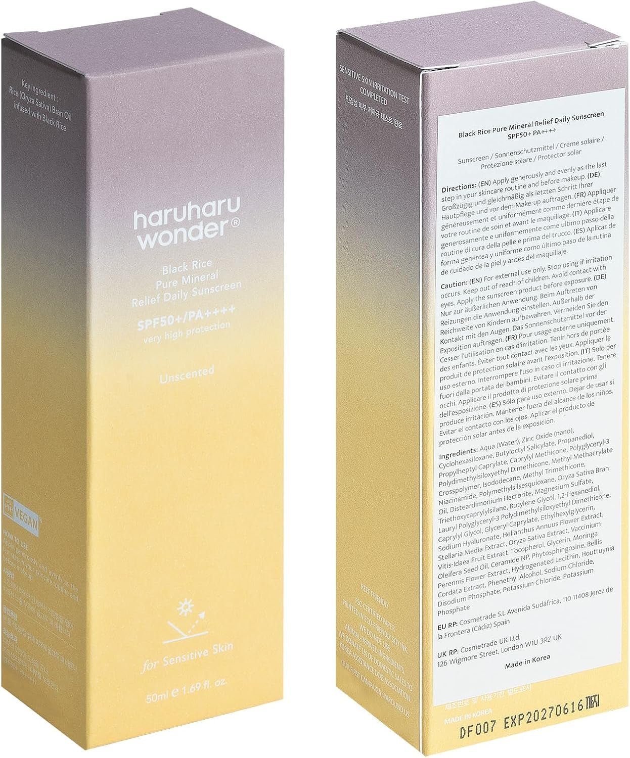 Haruharu Wonder Black Rice Pure Mineral Relief Daily Sunscreen 50 Ml (1.69Fl.Oz), Reef Safe Formula, for All Skin Including Sensitive Skin
