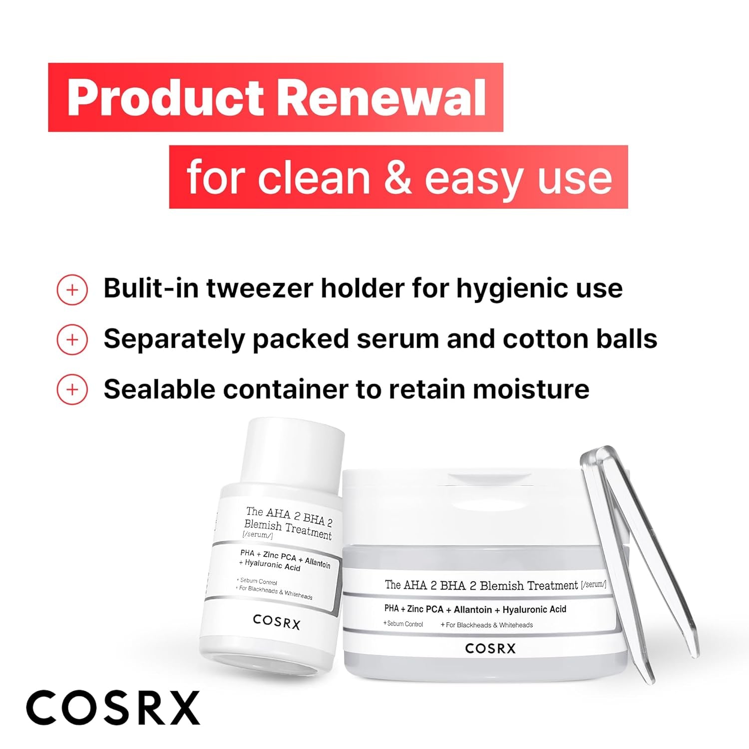 AHA 2% BHA 2% Blemish Treatment Serum, 60+ Pure Cotton Balls, Quick & Easy Daily Spot Treatment, Blackheads & Whiteheads, Sebum Control, Paraben Free, Phthalates Free, Korean Skin Care