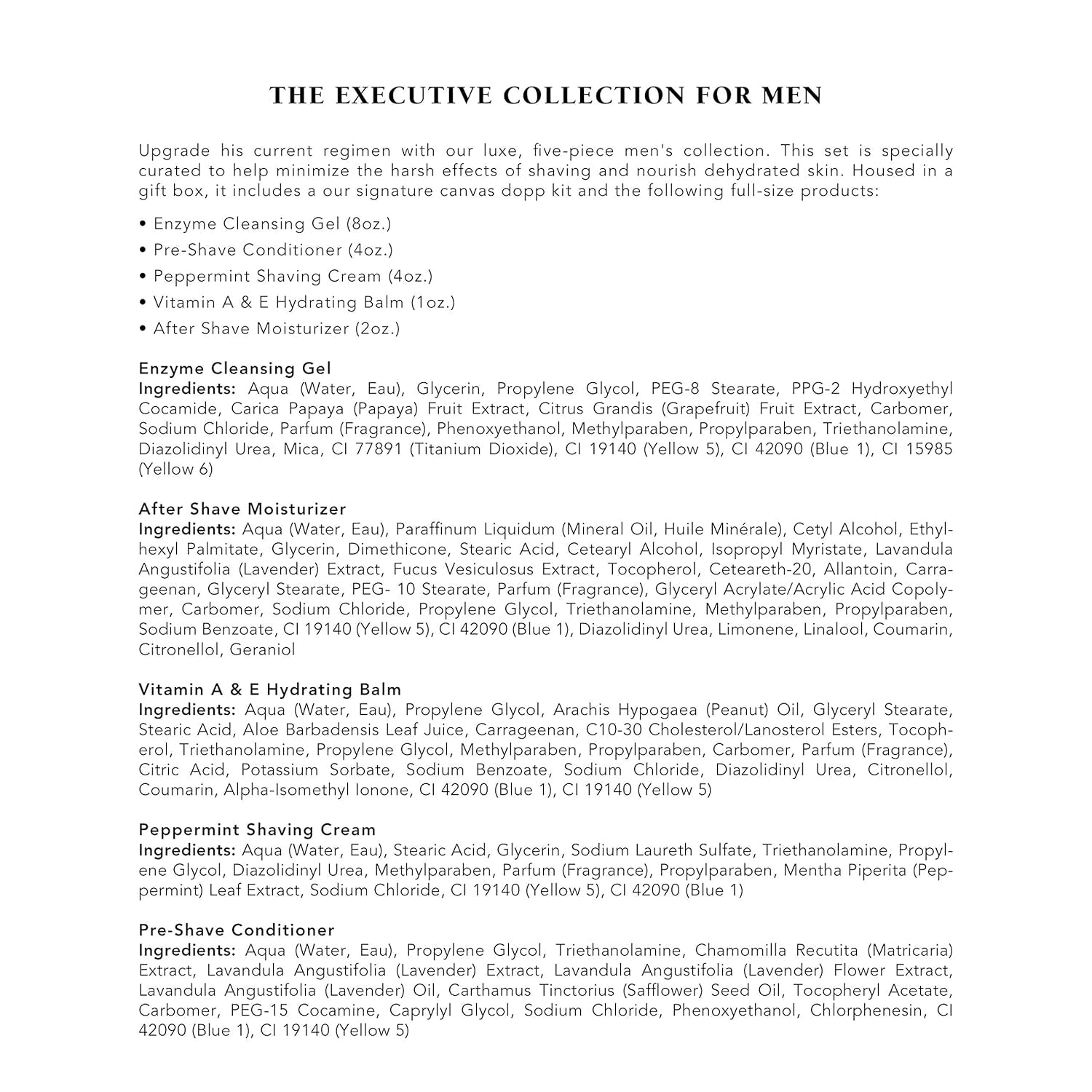 the Executive Collection for Men, Skin Care Gift Set with Pre Shave Conditioner, Shaving Cream, Vitamin a Hydrating Balm, after Shave Moisturizer, and Enzyme Cleansing Gel