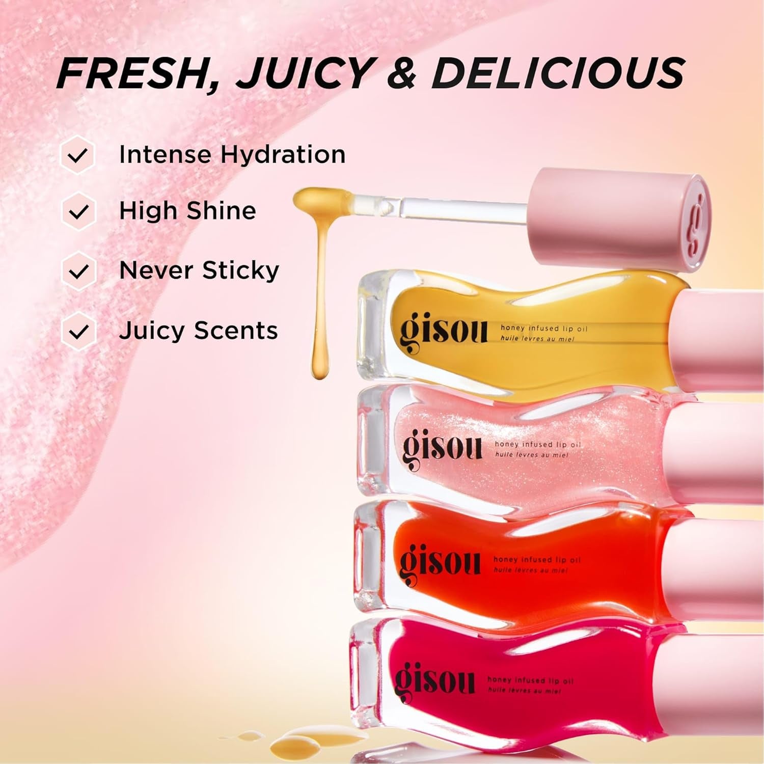 Honey Infused Hydrating Lip Oil, Nourishing Moisturizer for Dry Lips, High Shine, Smooth Finish, Clear Golden Glow, Fresh Honey Scent, 8Ml