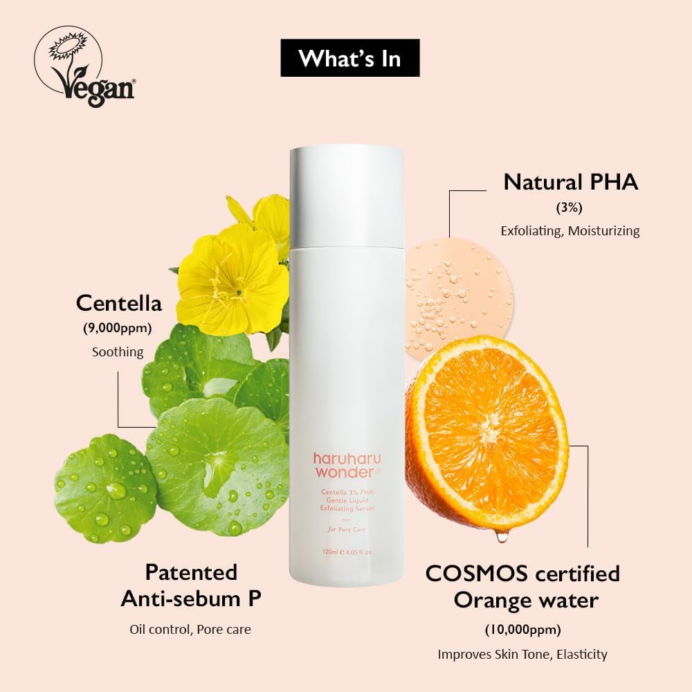 HARUHARU Wonder Centella 3% PHA Suero Exfoliante Líquido Suave 4.06 Fl Oz / 120Ml | Sérum Exfoliante Para Piel Sensivel | Hipoalergénico, PHA | Vegano, Cruelty-Free, Ewg-Green